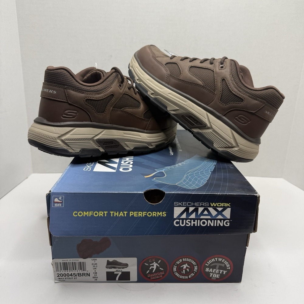Skechers Work Max Stout ST 200045 Brown Safety Toe Shoes Men’s Size 7 NEW